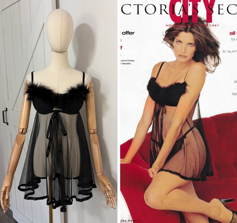 90s Victoria’s Secret 36B Feathers Black Sheer Mesh Vintage Babydoll Slip Dress
